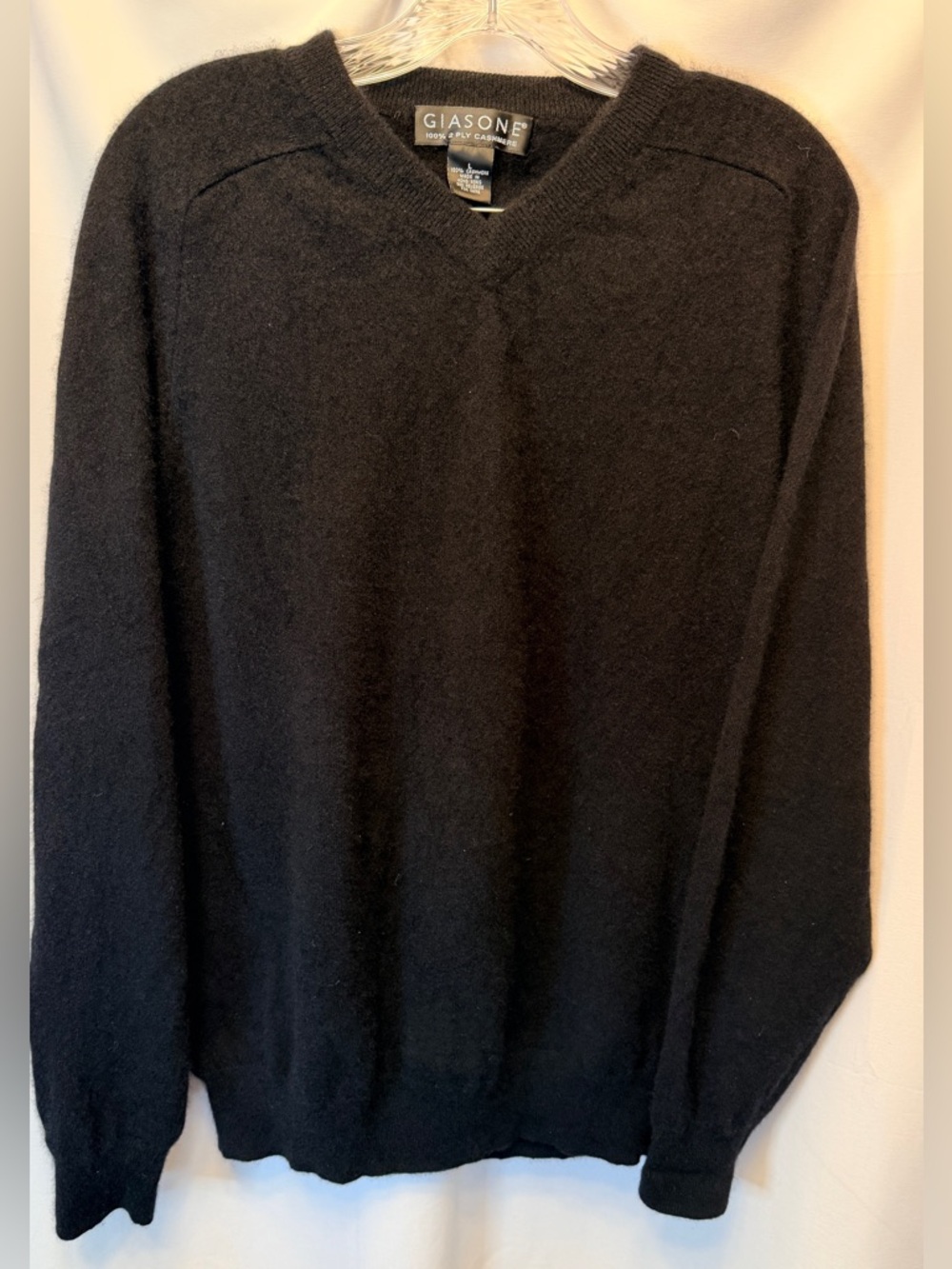 Giasone‎ Men’s Size Large 100% Cashmere Black V-Neck Sweater 2-Ply Classic Knit